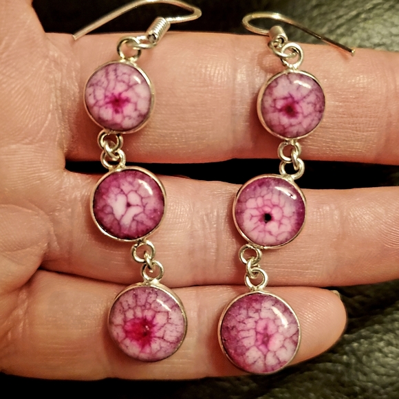 New 3 Pink Solar Quartz Agate Drop Silver Earrings. - Picture 1 of 11